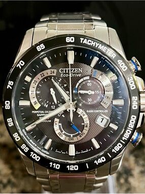 Citizen Eco-Drive Men's Stainless Steel Black and Silver Tachymeter Watch